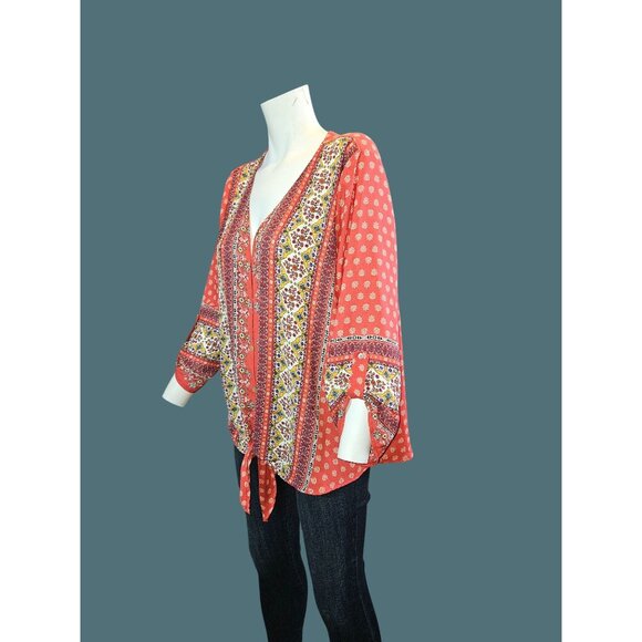 2/$35-West Kei V-Neck Boho Tie Front Roll Tab Sleeves Blouse Women XL - Picture 3 of 8